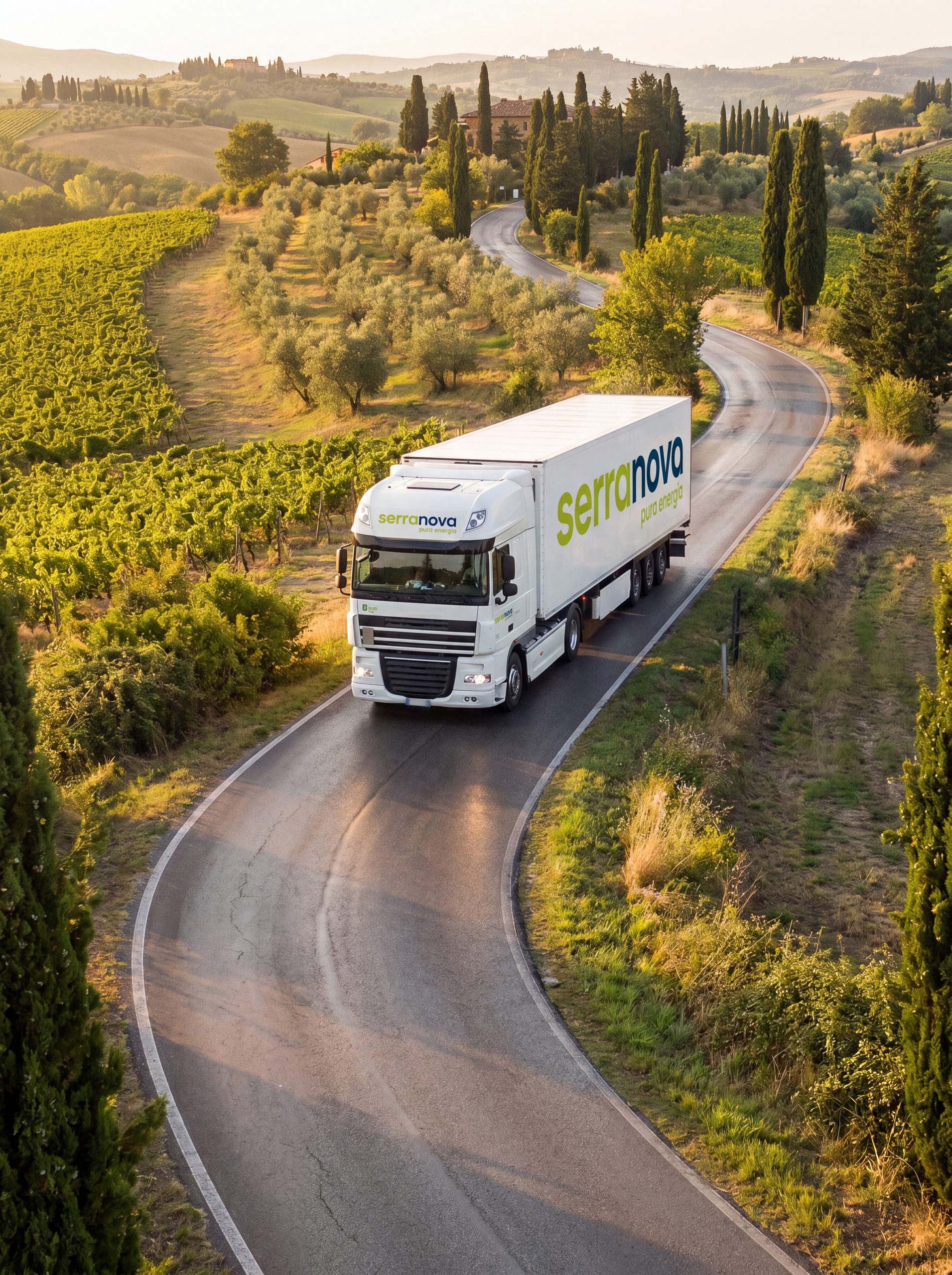 Camión Serranova atravesando carreteras toscanas entre viñedos y olivos