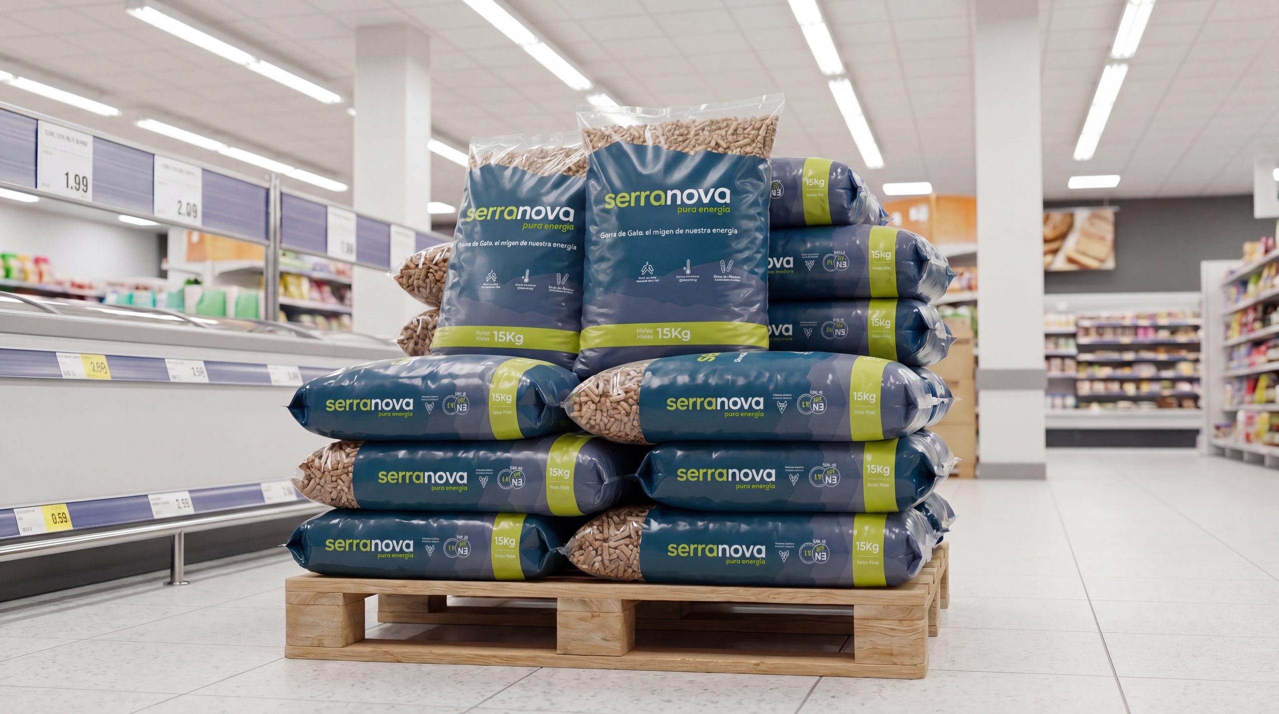 Palet de sacos Serranova 15 kg en pasillo de hipermercado