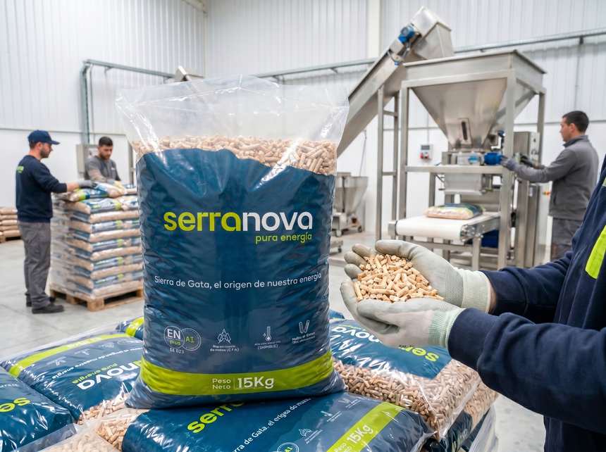 Interior de la planta de Serranova: saco de 15 kg en la línea de ensacado y pellet recién producido